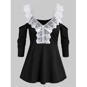 

Plus Size Open Shoulder Contrast Plunging Neck T Shirt, Black