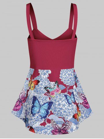 

Floral Butterfly Print Twisted Trapeze Tank Top, Red wine