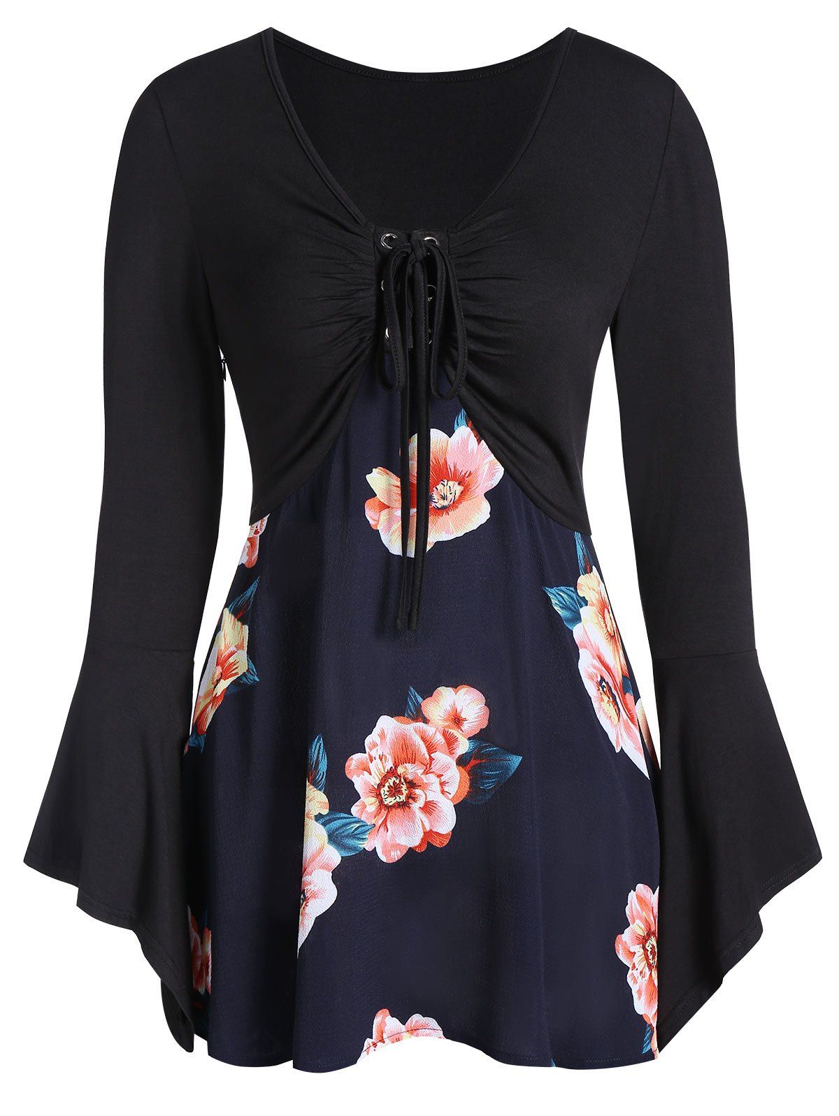 

Flower Print Lace Up Bell Sleeve A Line Tee, Black