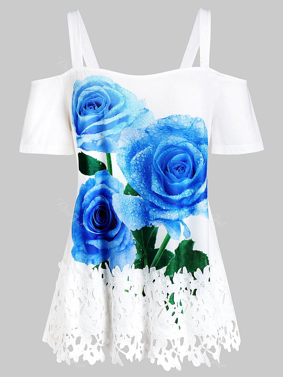 

Plus Size Square Neck Cold Shoulder Floral Print T Shirt, White