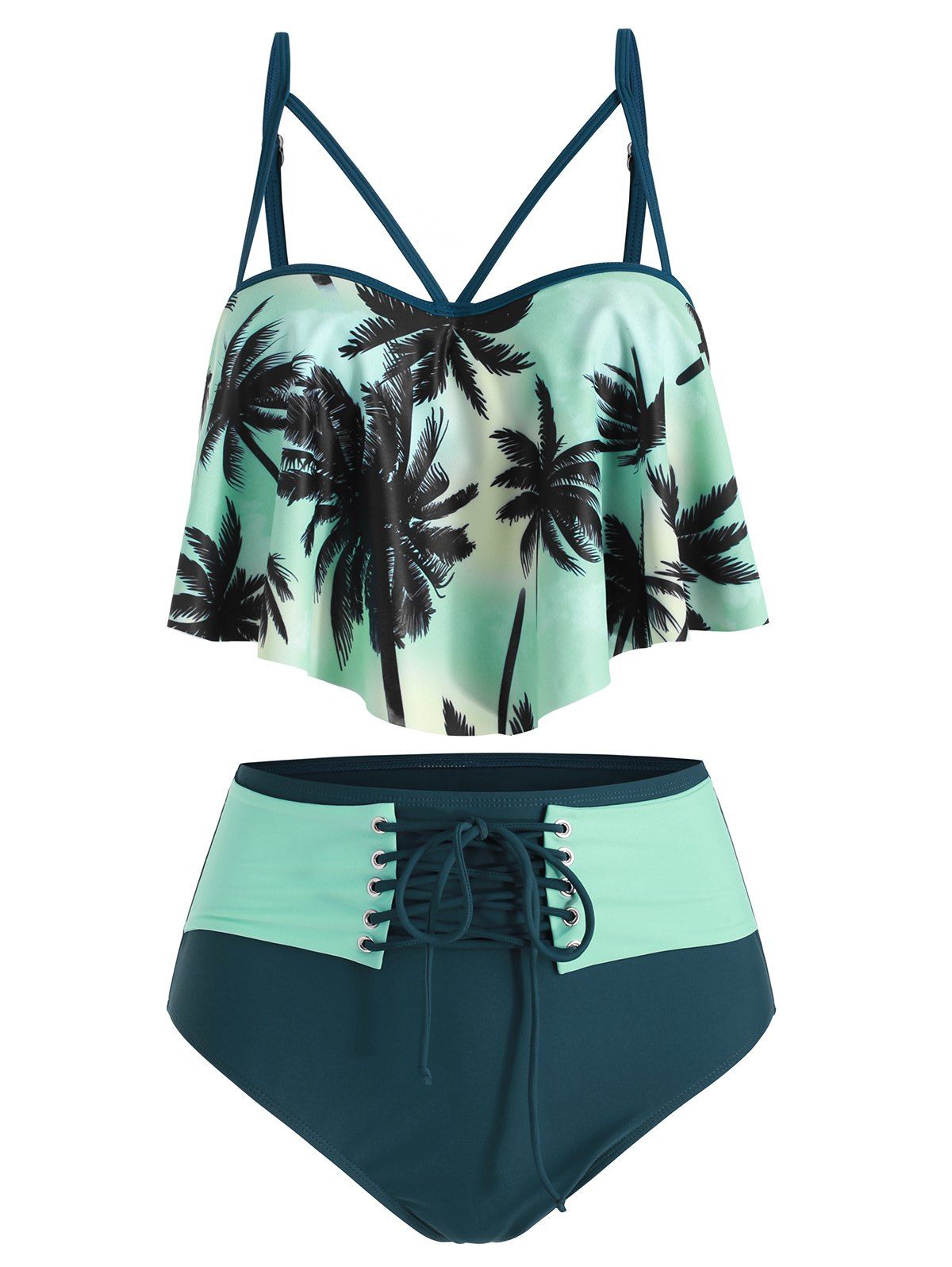 

Lace Up Palm Tree Push Up Tankini Swimsuit, Light aquamarine