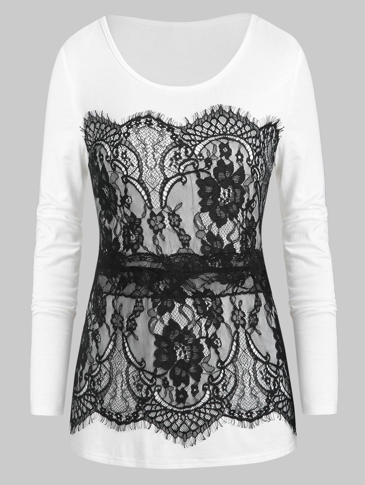 

Flower Lace Panel Eyelash Long Sleeve Tee, Black