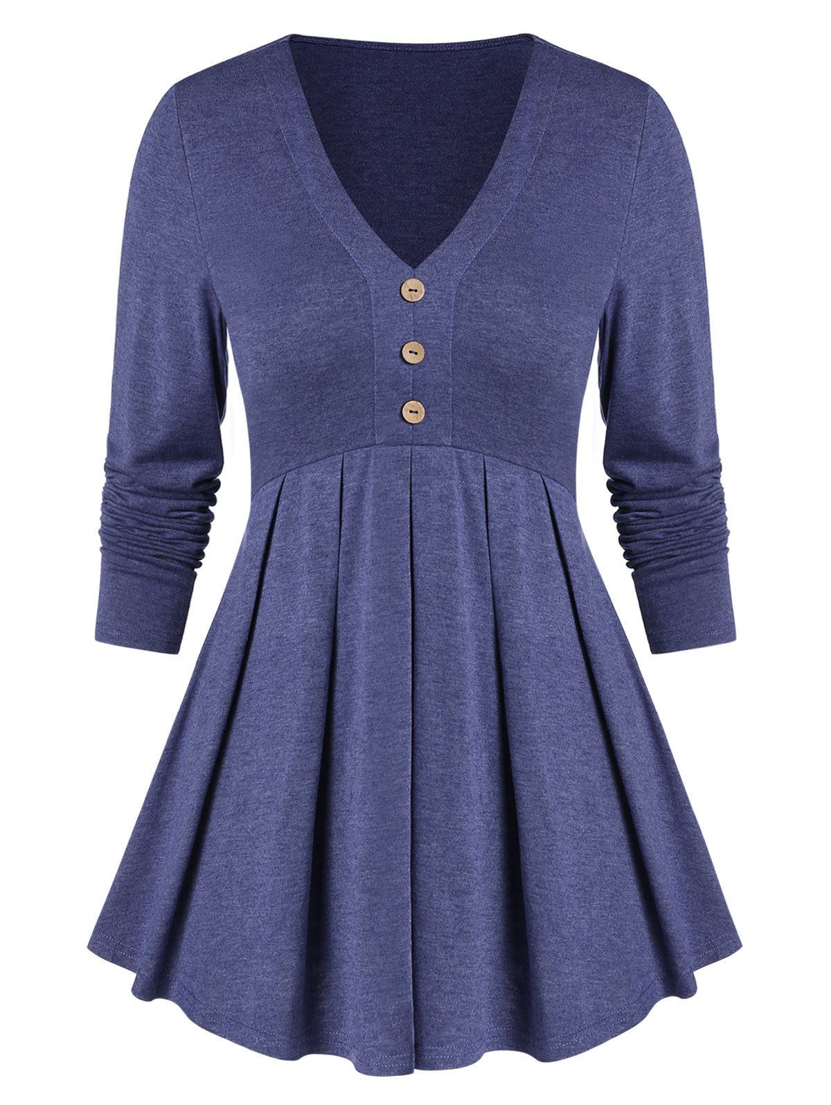 Long Sleeve Button Pleated T Shirt, Navy blue