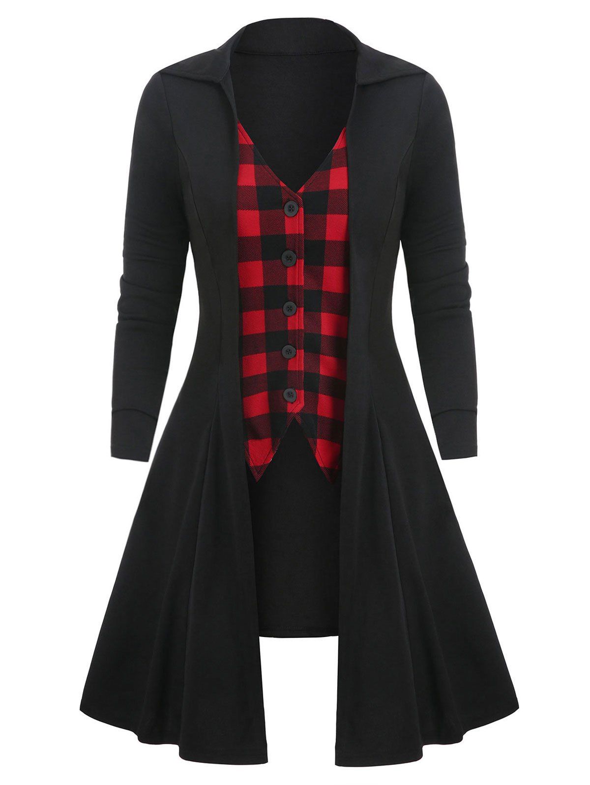 

Plaid Panel Button V Neck T Shirt, Black