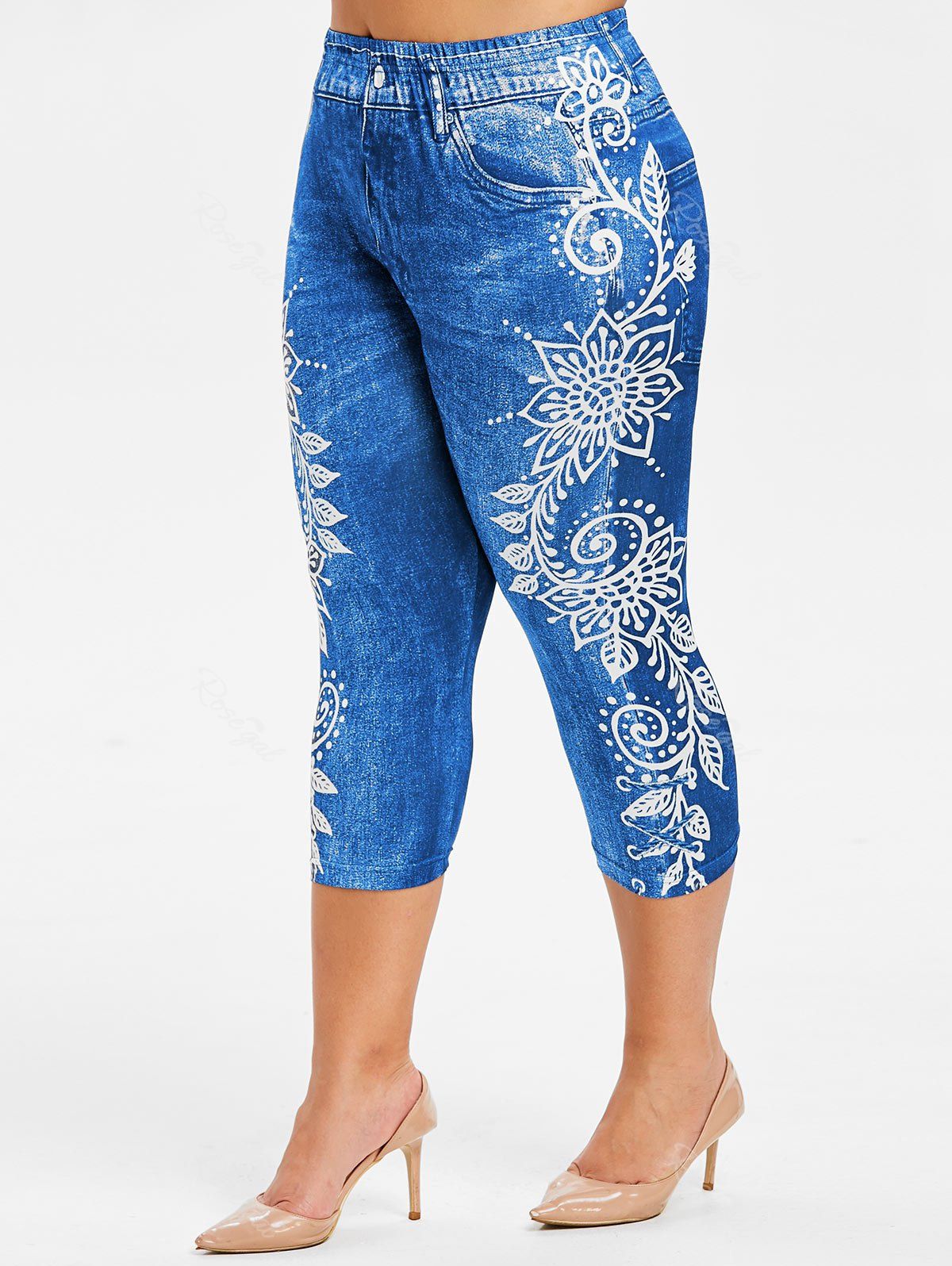 

Plus Size Side Flower Faux Jean Capri 3D Leggings, Dodger blue