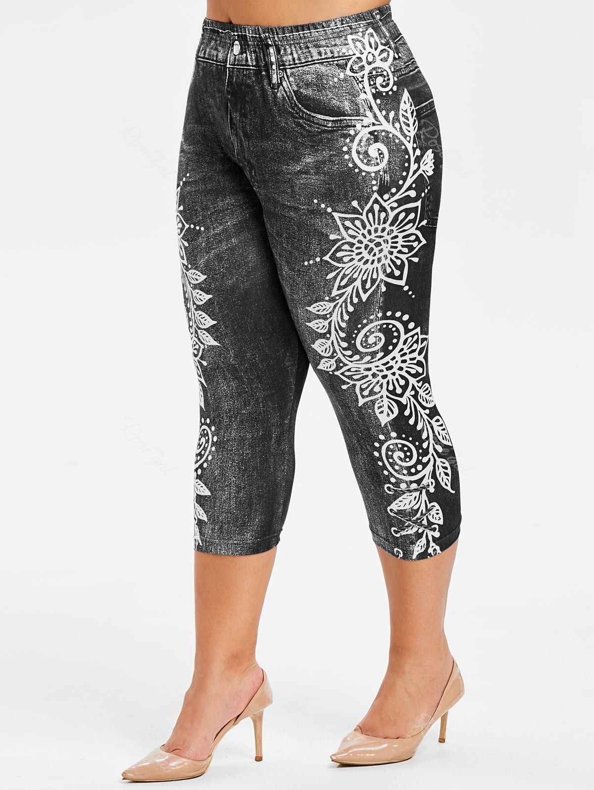 

Plus Size Side Flower Faux Jean Capri 3D Leggings, Black