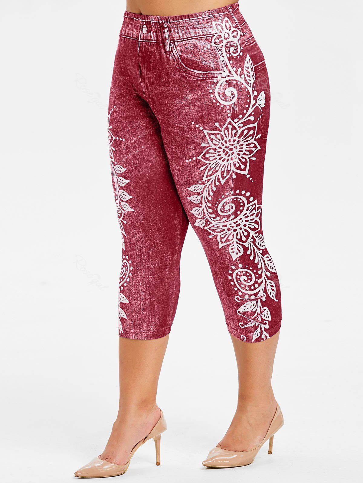 

Plus Size Side Flower Faux Jean Capri 3D Leggings, Pig pink