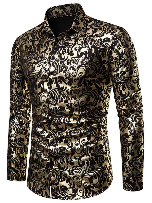 

Foil Baroque Print Long Sleeve Button Up Shirt, Black