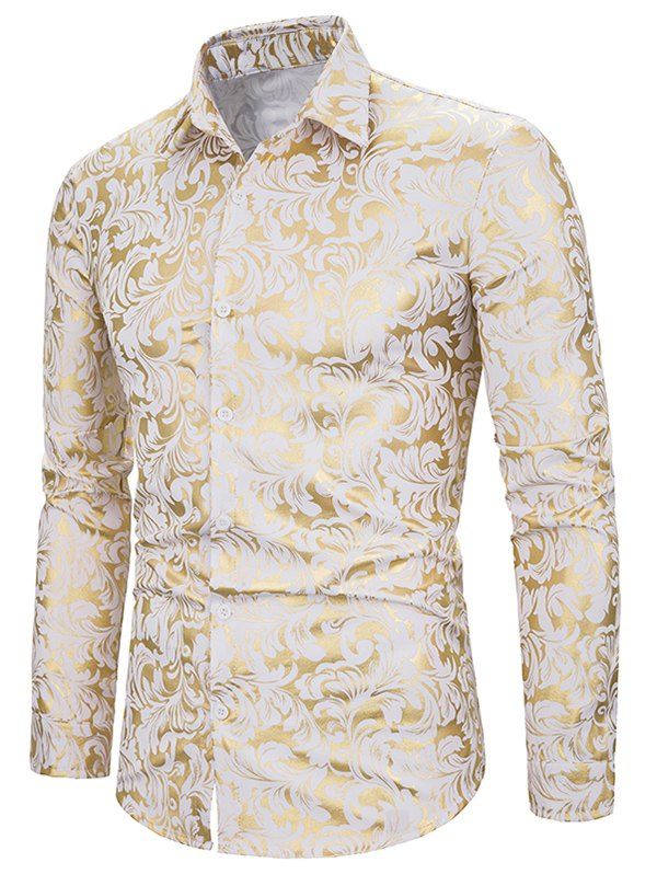 

Foil Baroque Print Long Sleeve Button Up Shirt, White