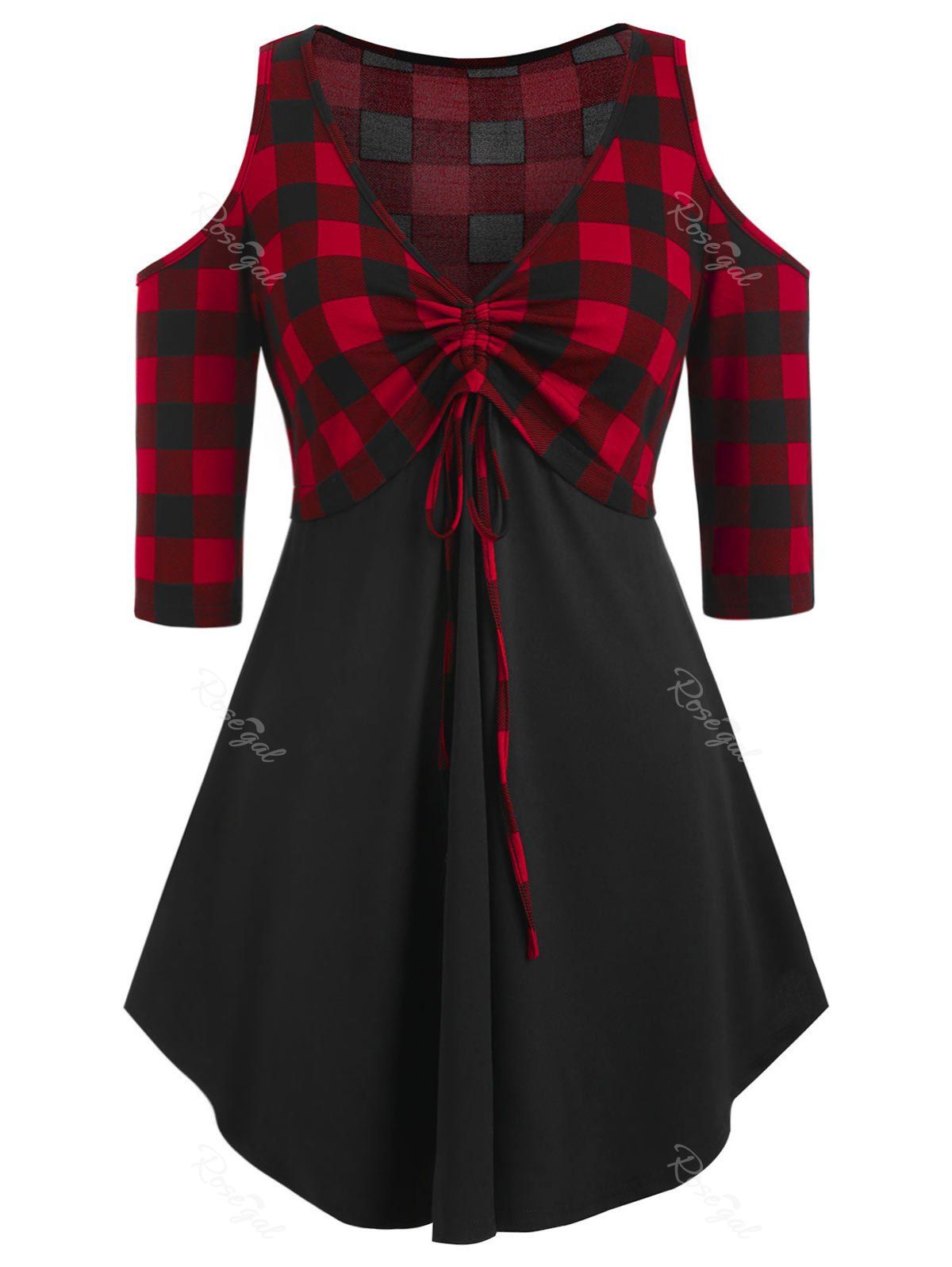 

Plus Size Cold Shoulder Checked Panel Tunic T Shirt, Black
