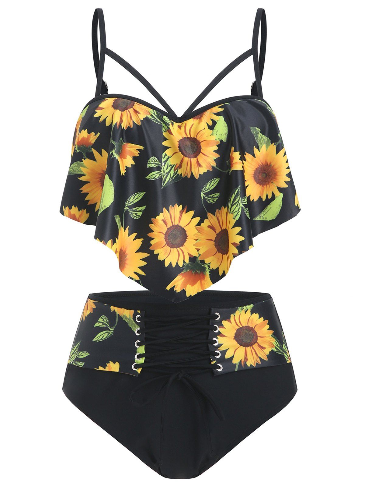 [45% OFF] Sunflower Overlay Push Up Tankini Swimsuit | Rosegal