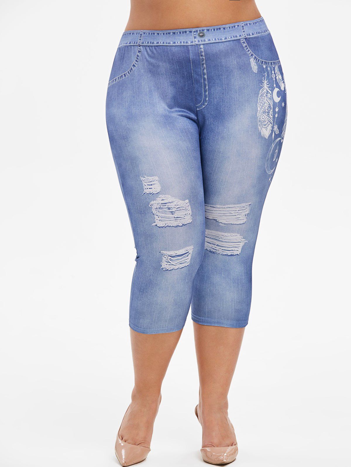 

Plus Size Feather Print Faux Jean Capri Leggings, Denim blue