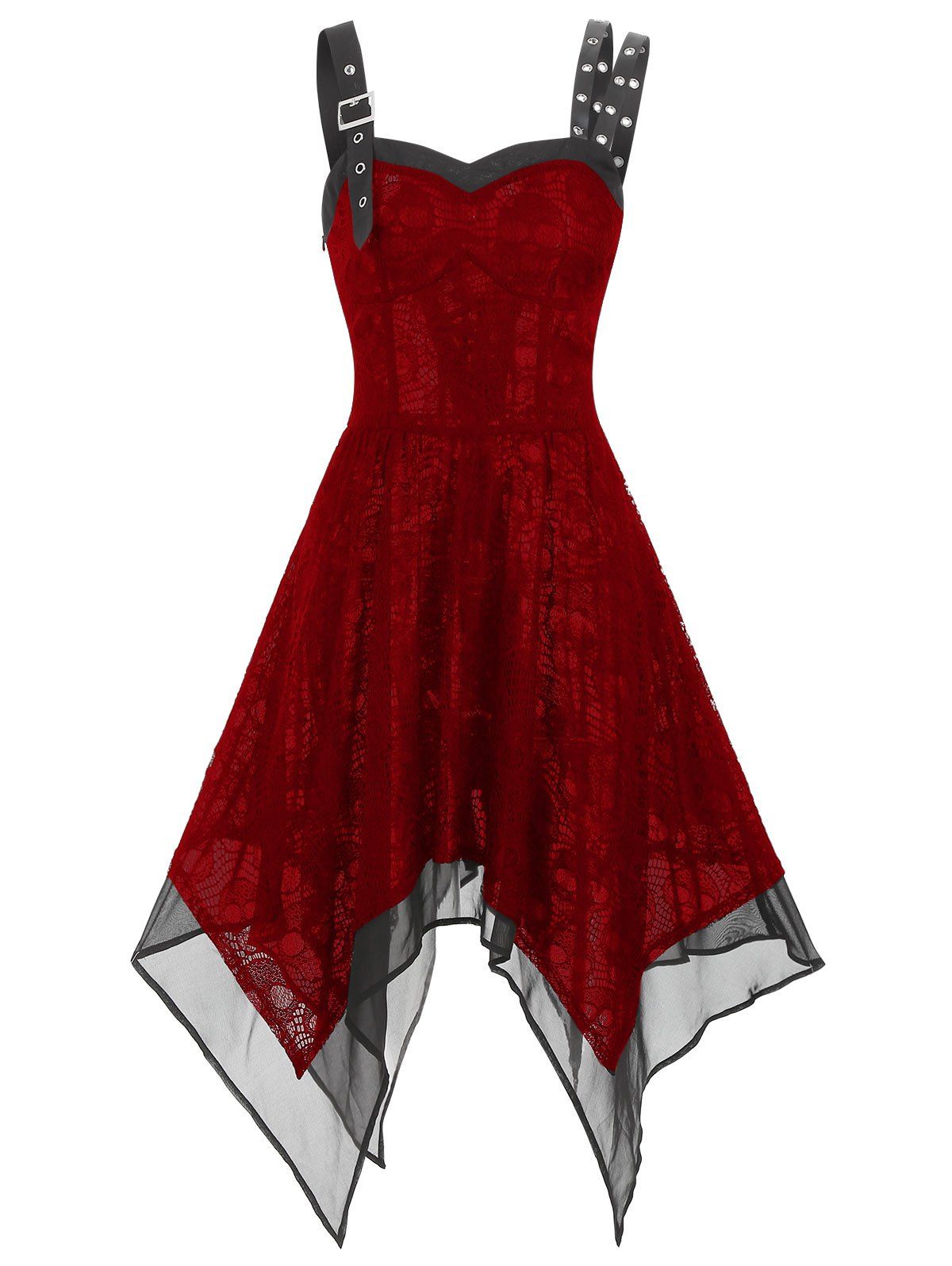 

Lace Buckle Grommet Asymmetrical Handkerchief Dress, Red wine