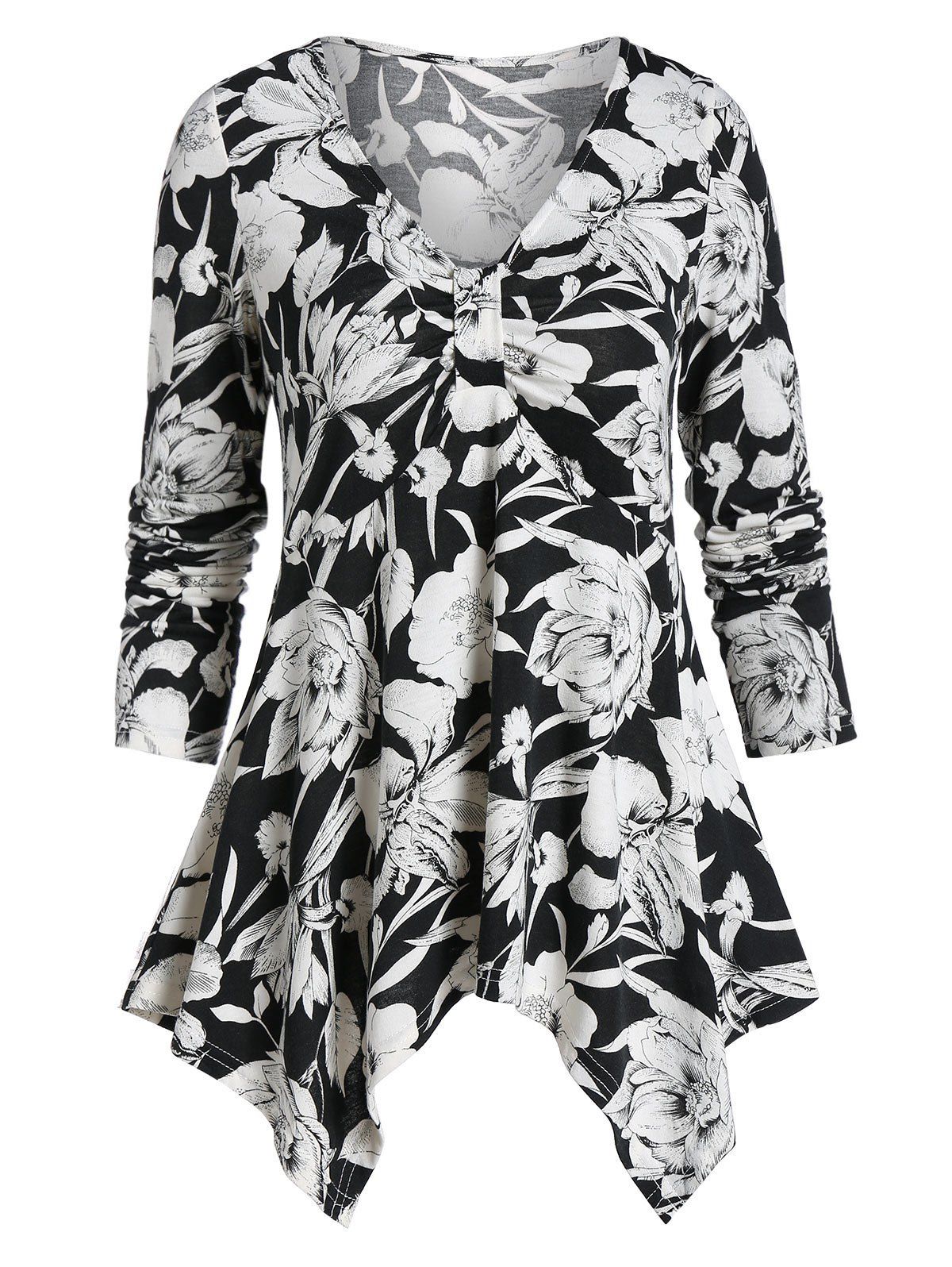 

Floral Print Long Sleeve Ruched Handkerchief T-shirt, Black
