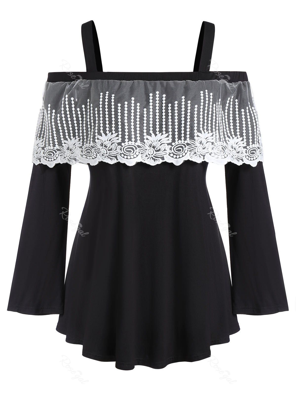 

Plus Size Open Shoulder Lace Panel Square Neck T Shirt, Black
