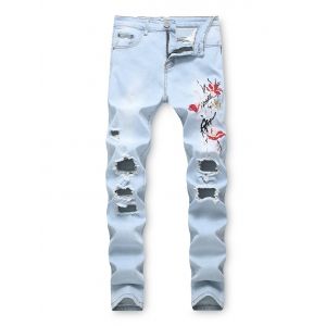 

Floral Embroidery Destroyed Casual Jeans, Jeans blue