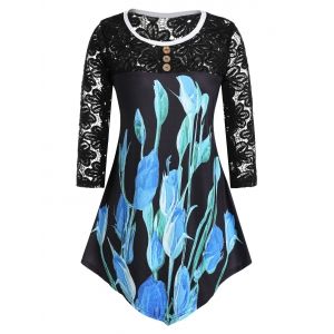 

Plus Size Button Ditsy Print Lace Panel T Shirt, Blueberry blue