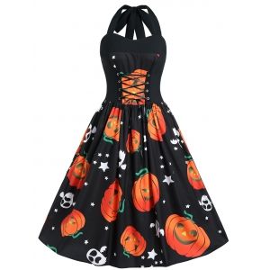 

Plus Size Pumpkin Print Halloween Pin Up Dress, Black