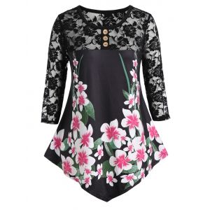 

Plus Size Ditsy Print Lace Insert Sheer T Shirt, Black