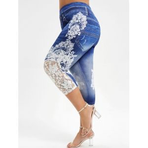 

Capri Lace Panel 3D Printed Plus Size Jeggings, Deep blue