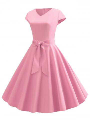 

V Neck Fit and Flare Retro Dress, Pink