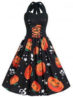 Plus Size Pumpkin Print Halloween Pin Up Dress - BLACK - L