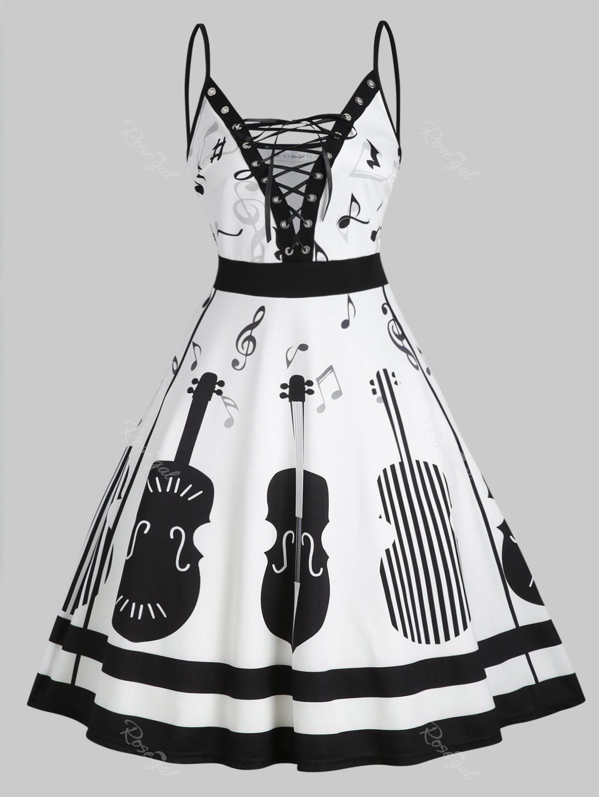 

Cami Musical Note Print Lace Up Plus Size Dress, White