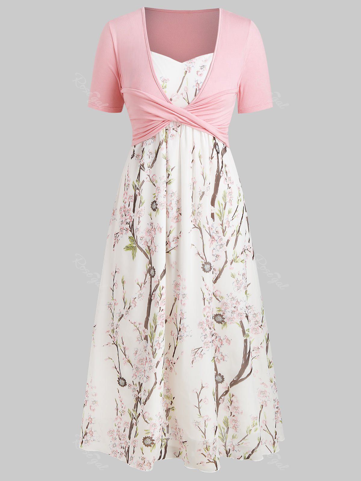 

Plus Size Maxi Floral Dress With Criss Cross Top, Pig pink