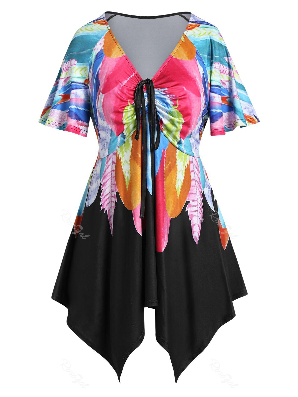 

Plus Size Feather Print Asymmetric Handkerchief Cinched Tee, Multi