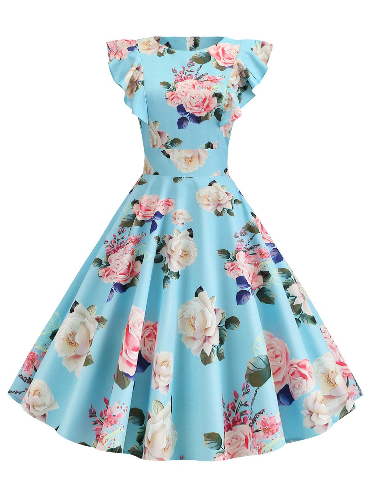 

Ruffle Baroque Floral Print A Line Dress, Deep sky blue