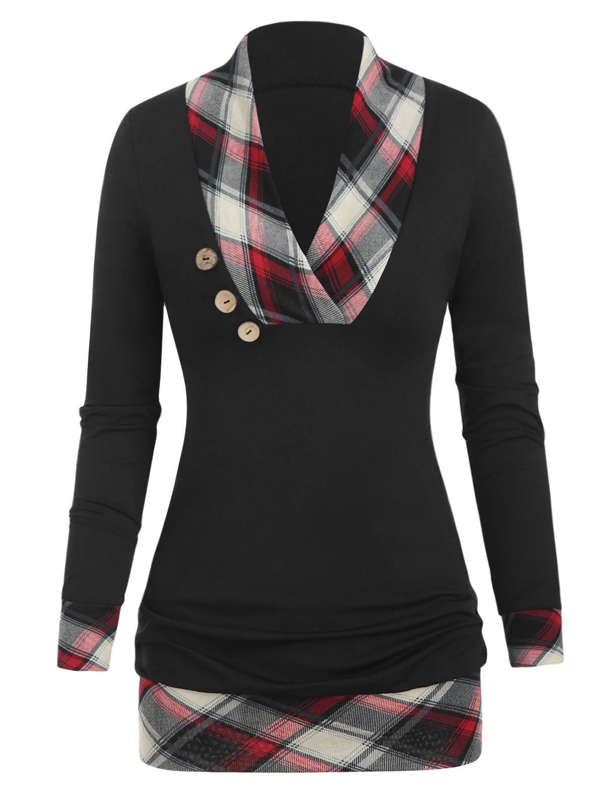 Outfits V Neck Plaid Panel Ruched T Shirt  