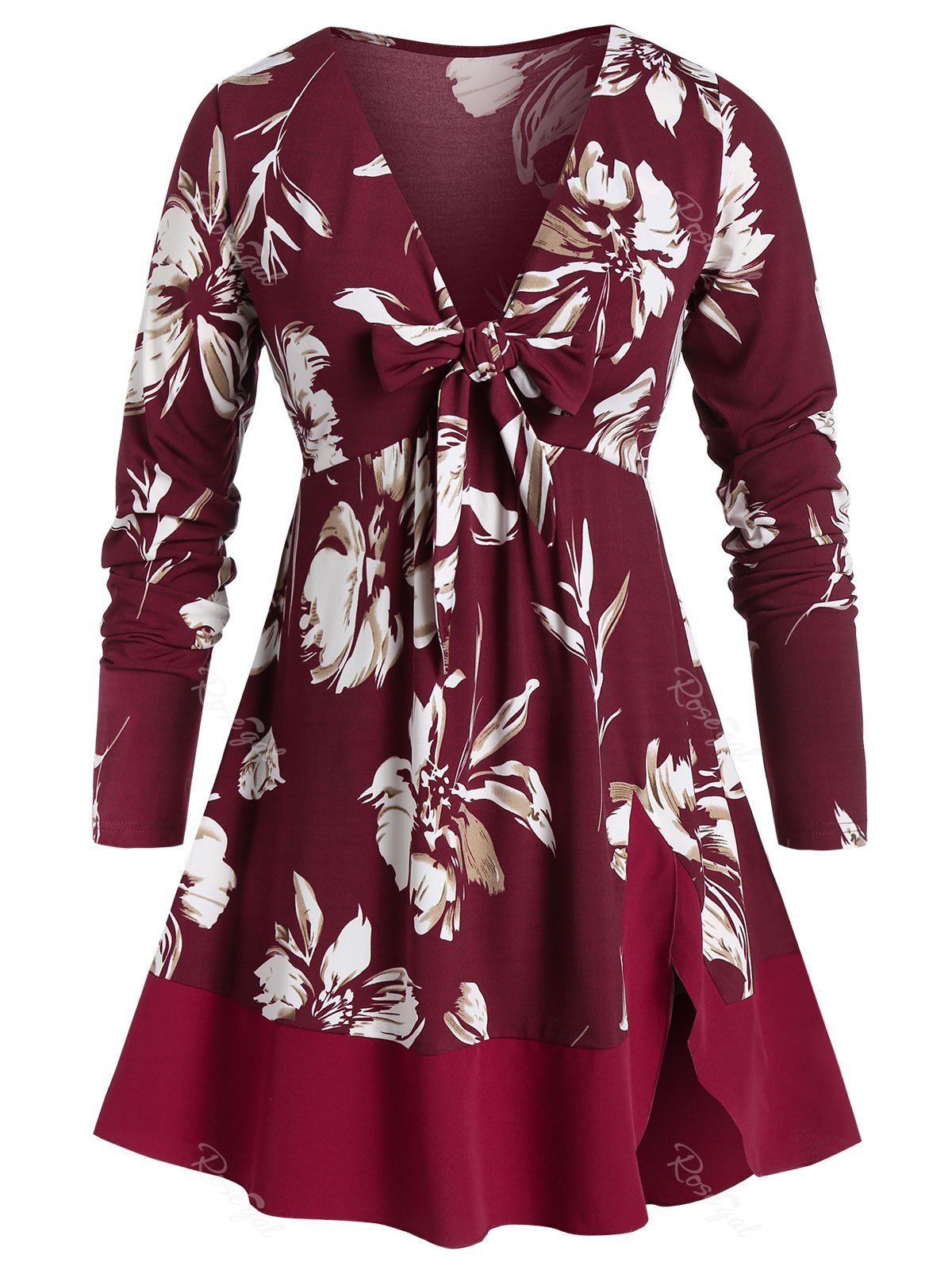 

Plus Size Plunging Neck Floral Print Bowknot T Shirt, Red wine
