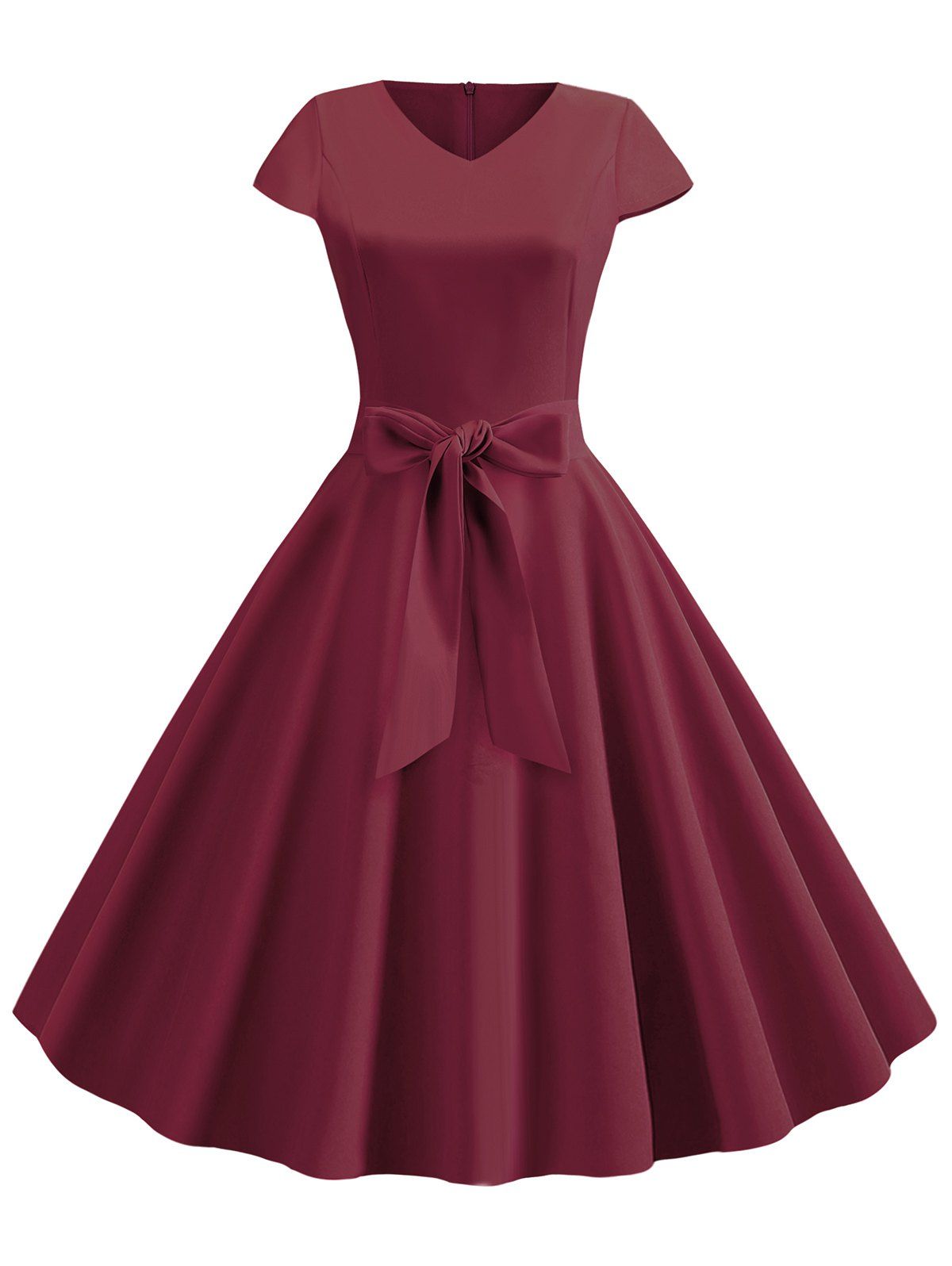 

V Neck Fit and Flare Retro Dress, Red wine