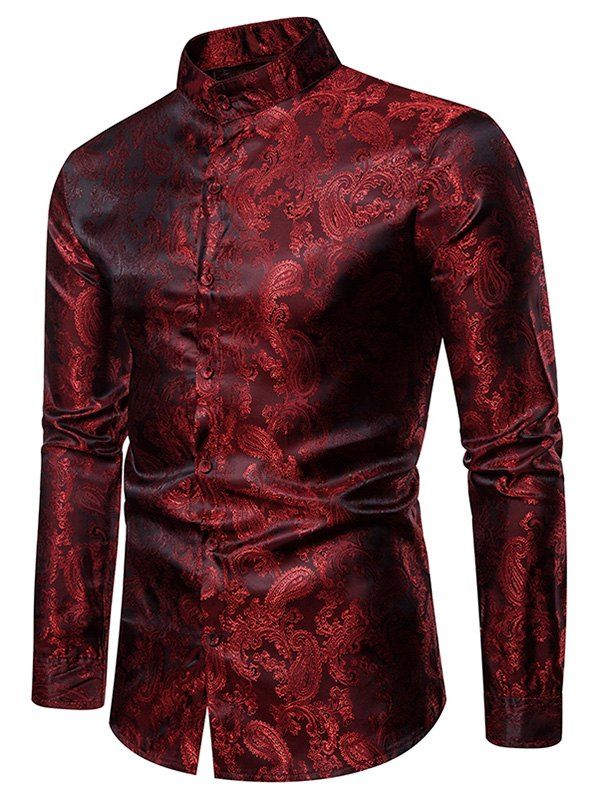 

Paisley Print Stand Collar Button Down Shirt, Red wine