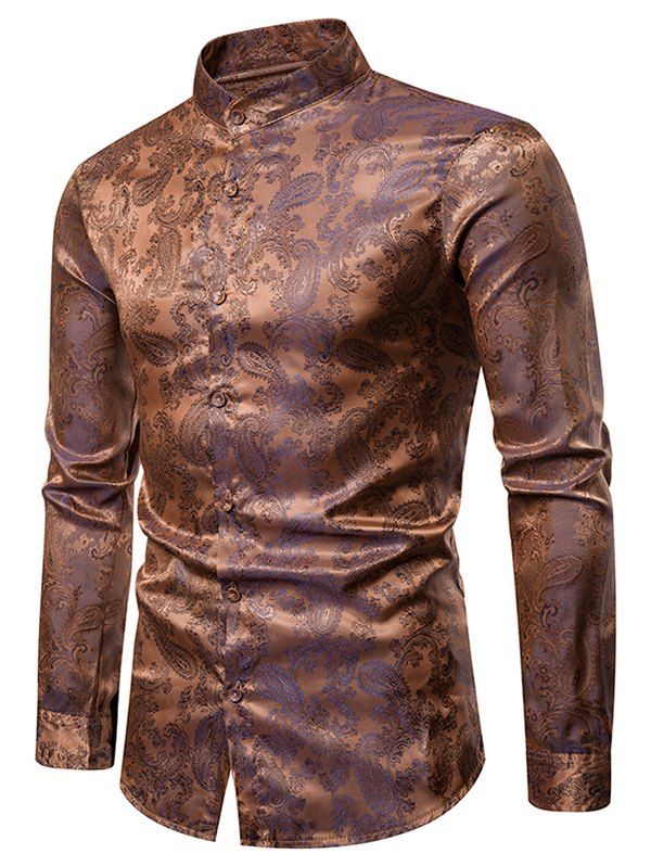 

Paisley Print Stand Collar Button Down Shirt, Camel brown