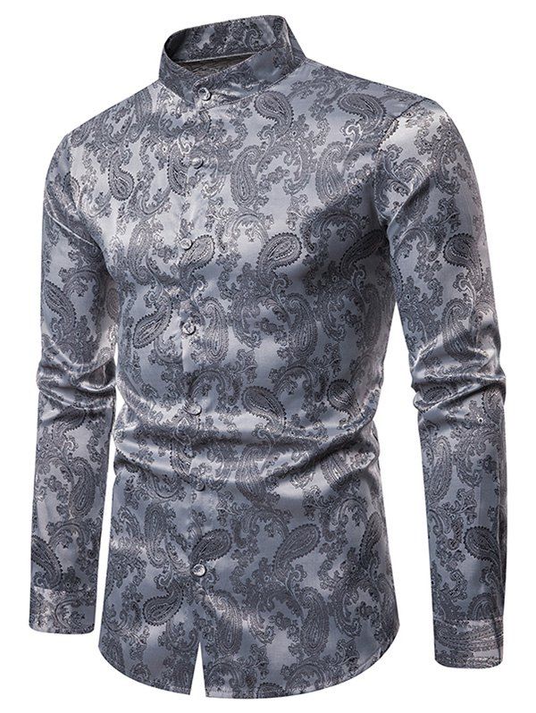 

Paisley Print Stand Collar Button Down Shirt, Light gray