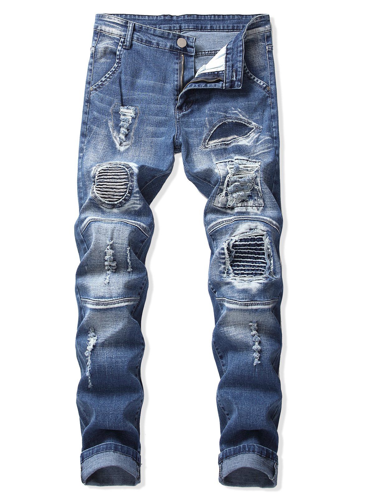 

Ruffle Ripped Decoration Zip Fly Jeans, Denim blue