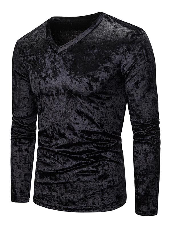 

Solid Crushed Velvet Long Sleeve T Shirt, Black