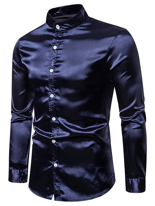 

Stand Collar Solid Button Up Satin Shirt, Cadetblue