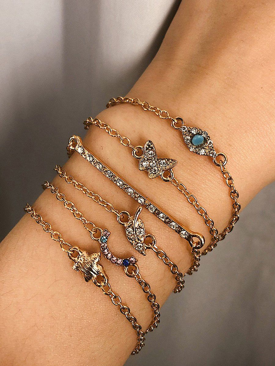 

Rhinestone Floral Leaf Butterfly Bar Chain Bracelet Set, Gold