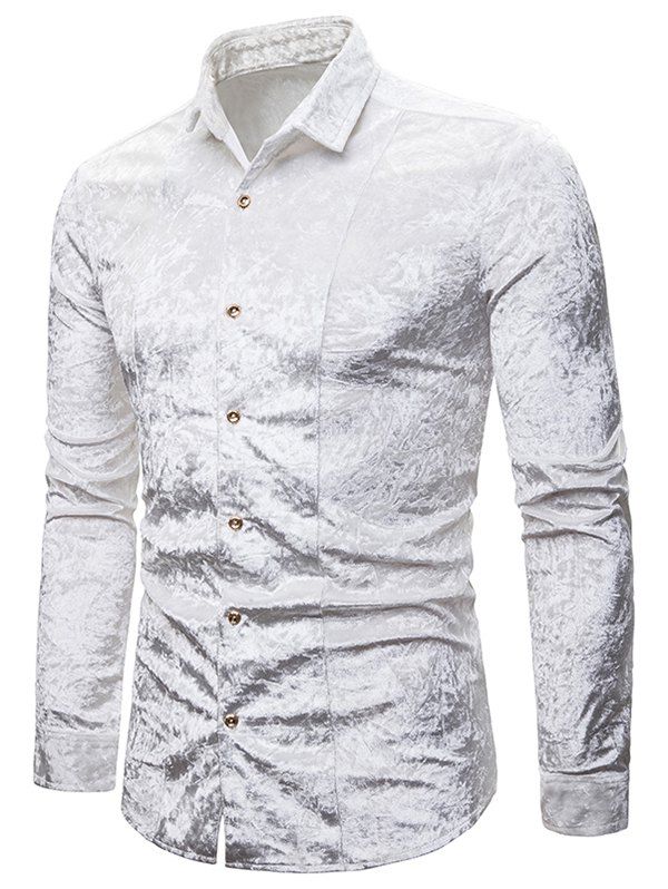 

Solid Crushed Velvet Button Down Shirt, White