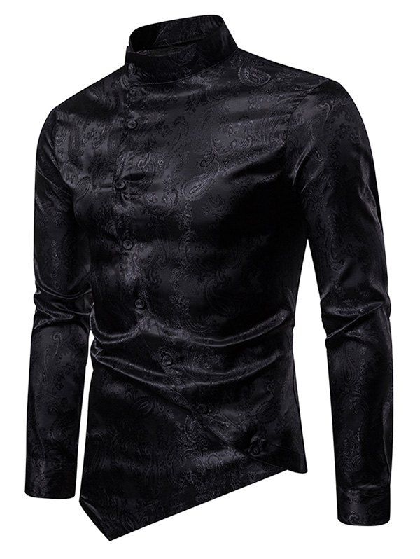 

Paisley Stand Collar Button Down Asymmetrical Shirt, Black