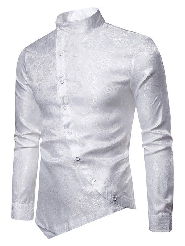 

Paisley Stand Collar Button Down Asymmetrical Shirt, White