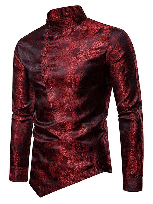 

Paisley Stand Collar Button Down Asymmetrical Shirt, Red wine