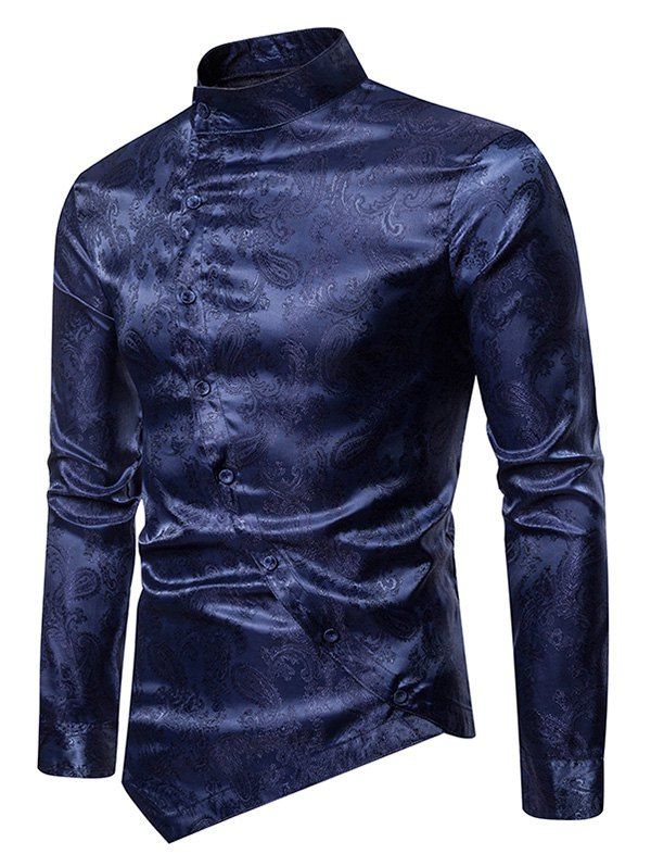 

Paisley Stand Collar Button Down Asymmetrical Shirt, Cadetblue