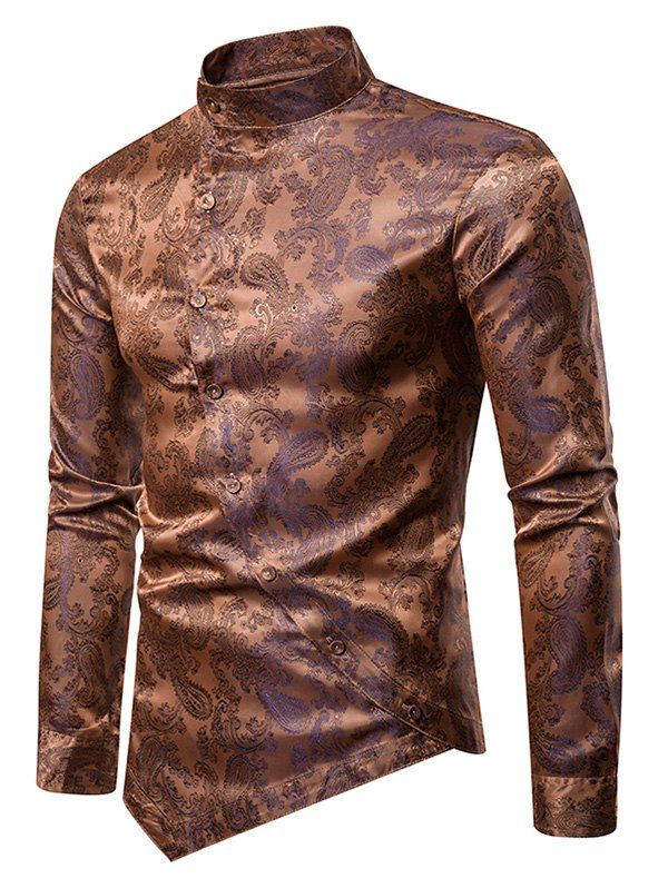 

Paisley Stand Collar Button Down Asymmetrical Shirt, Camel brown