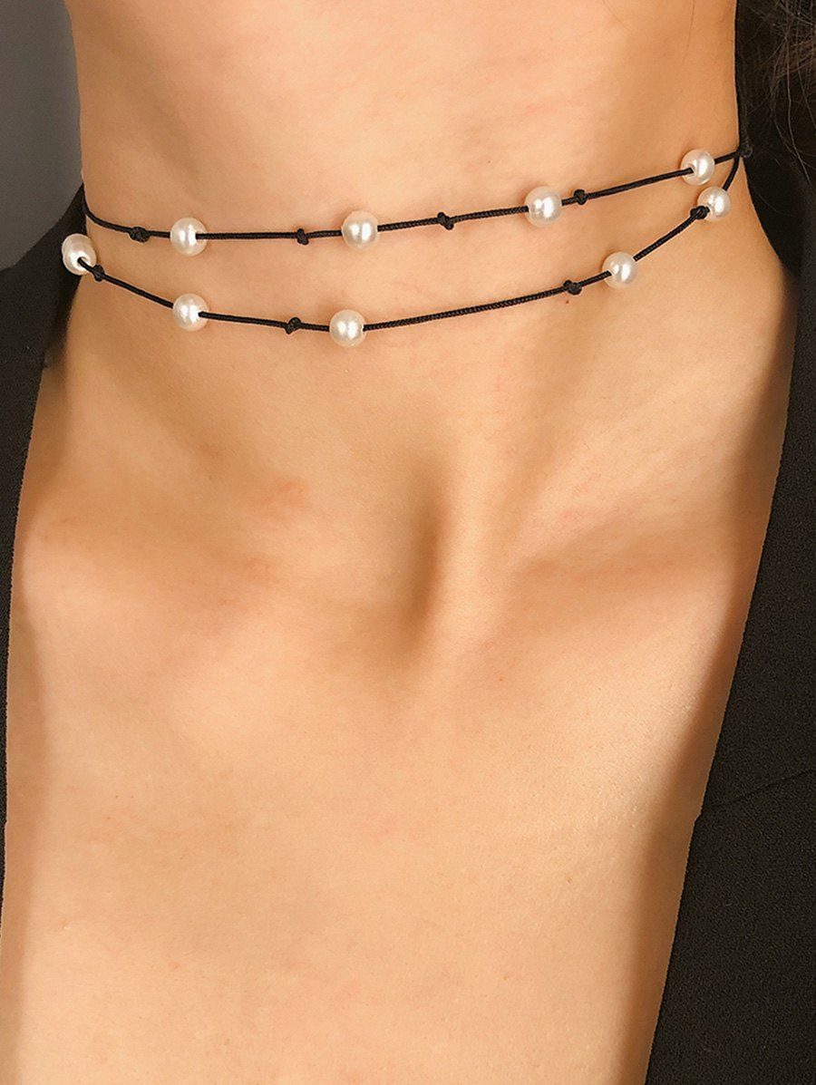 

Faux Pearl Drawstring Rope Choker Necklace, Black