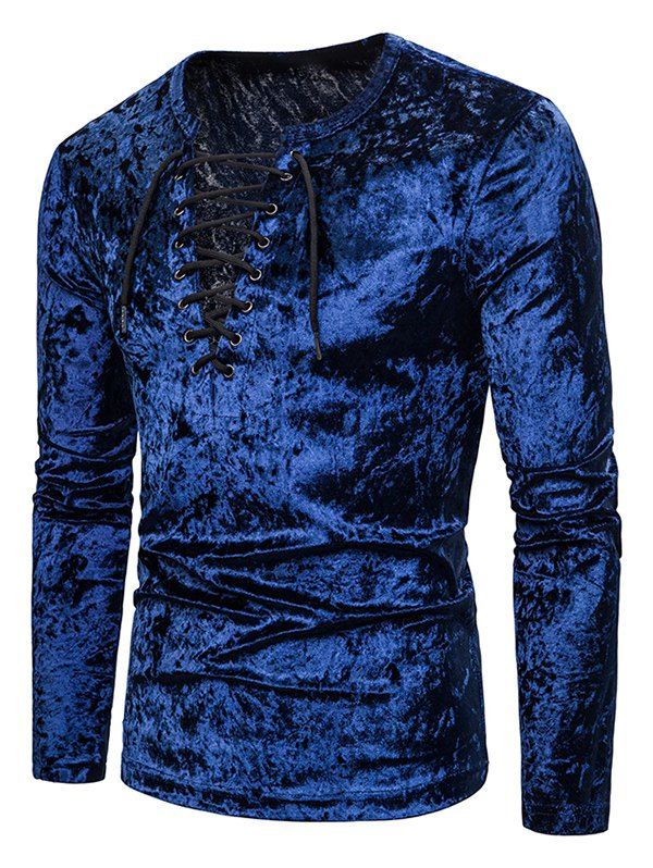 

Lace Up Crushed Velvet Solid T Shirt, Cadetblue