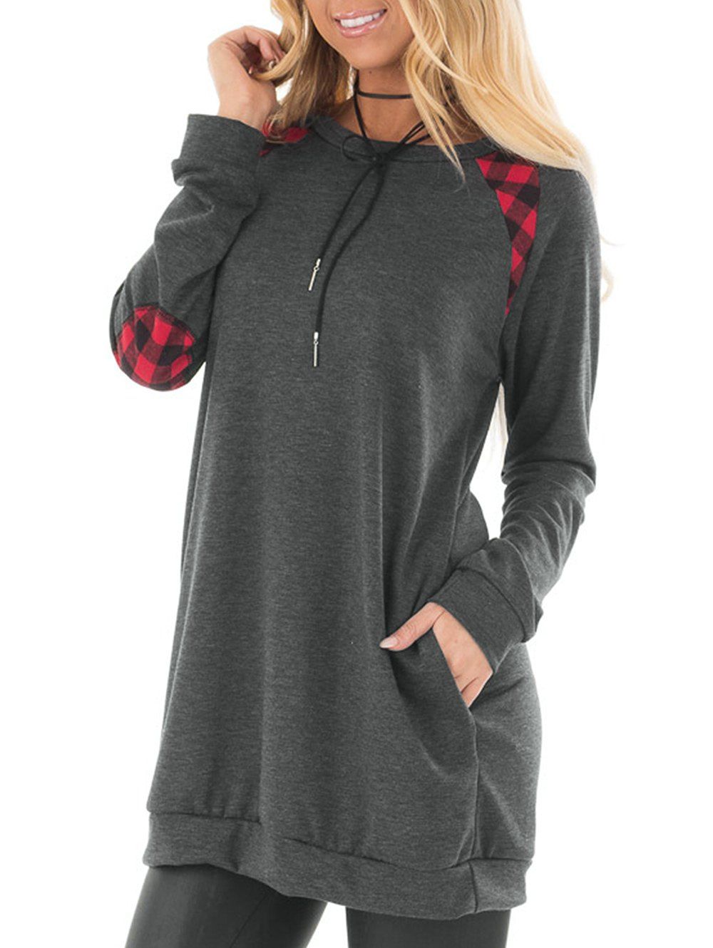 

Elbow Patch Plaid Longline Sweatshirt, Gray