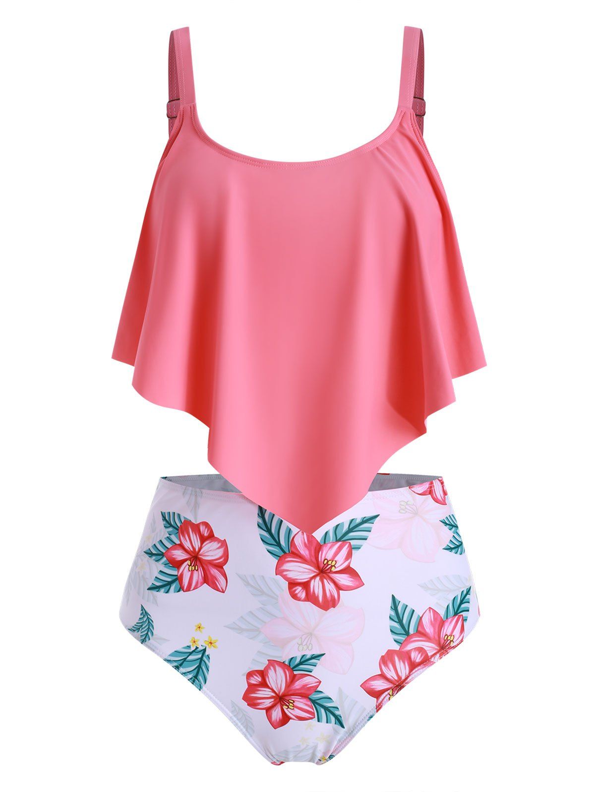 

Floral Flounce Overlay High Waisted Tankini Swimsuit, Watermelon pink